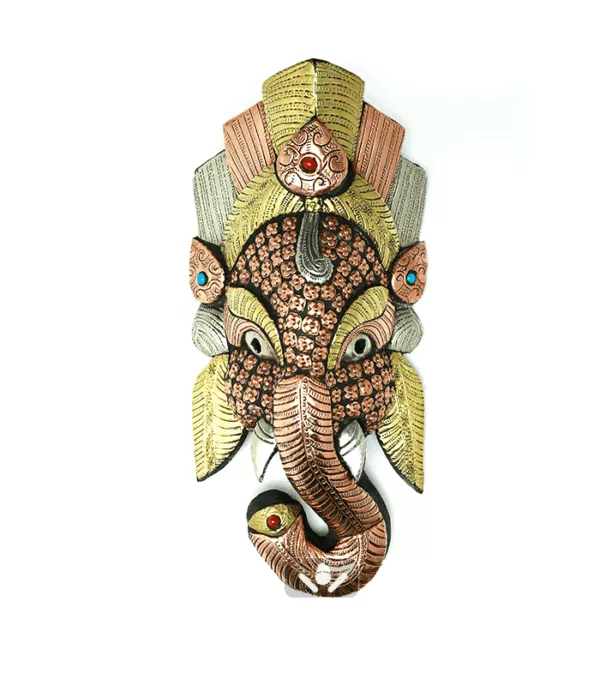 Metal Carved Wooden Ganesh Mask (Front View)