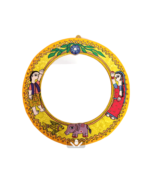 Yellow Mithila art round Mirror