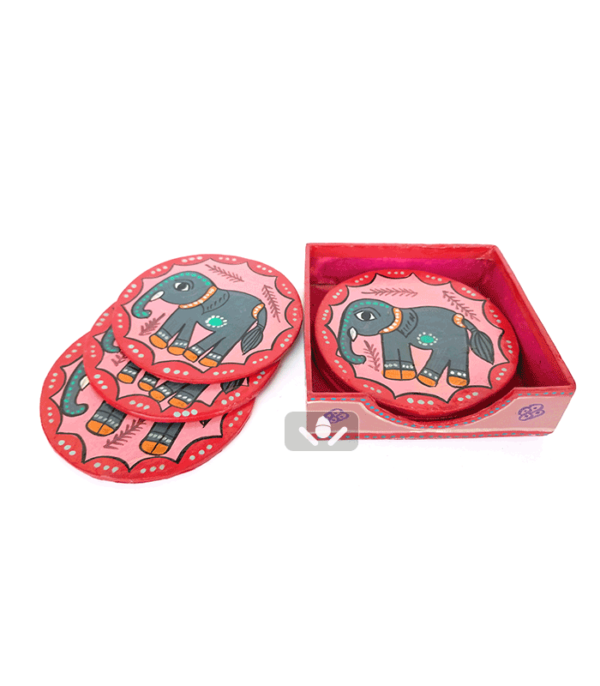 Mithila Art- Round Coaster Elephant(Pink)