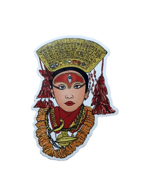 Goddess Kumari sticker vinyl featuring the living goddess of Nepal with traditional adornments and third eye, designed and made in Nepal